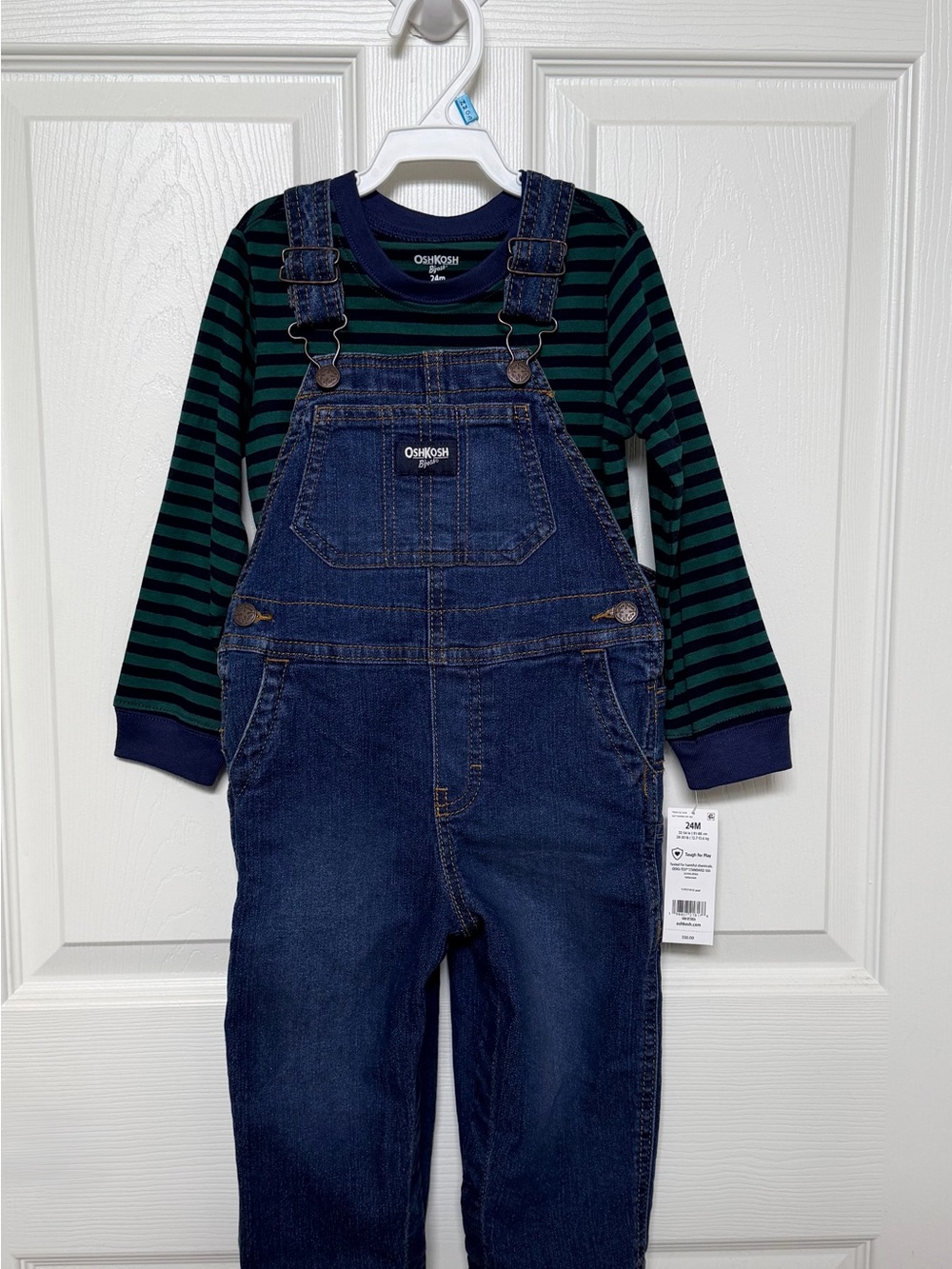 OshKosh B'gosh Dark Blue Denim Overalls with Green & Navy Striped Tee 24M